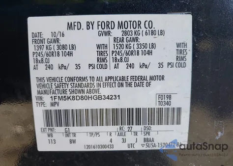 2017 Ford Explorer Xlt из США, поврежденный, VIN 1FM5K8D80HGB34231